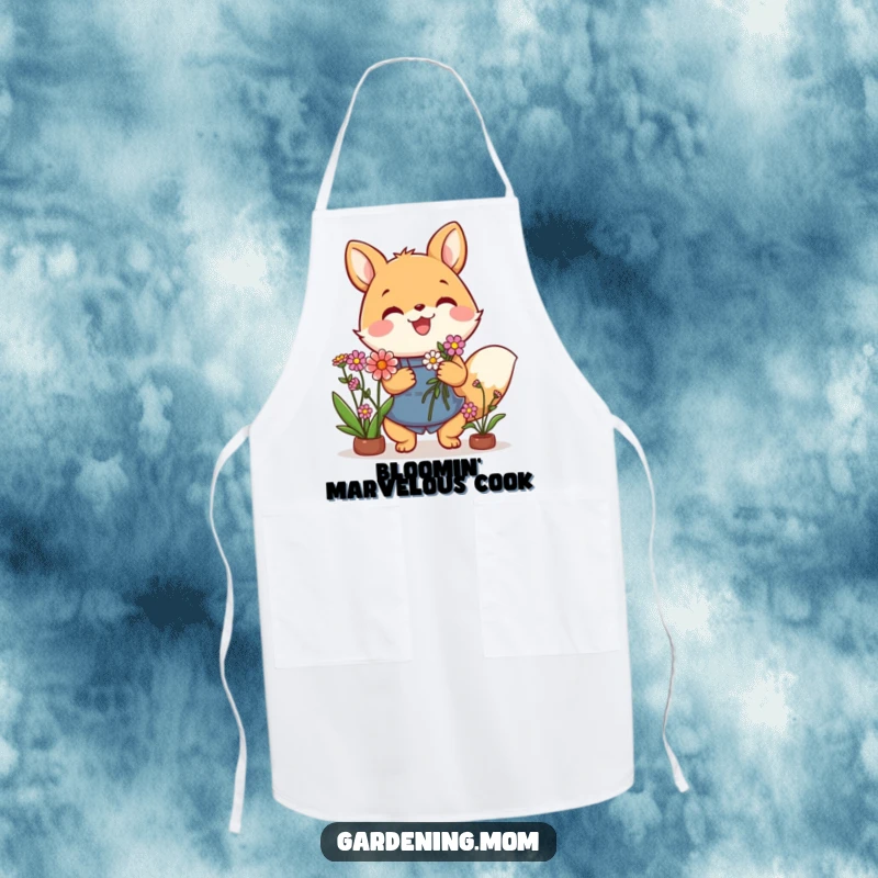 Funny apron showing a delightful gardening animal character holding a lovely bouquet of flowers, ideal for cooking or gardening.