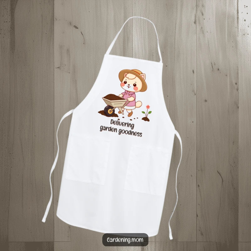 Funny gardening mom animal apron print: an animal mom pushing a small wheelbarrow loaded with soil, ready for garden tasks.