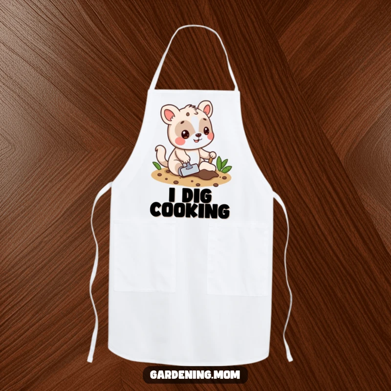 Funny apron featuring a playful animal character digging in dirt with a trowel, blending practicality with garden humor.