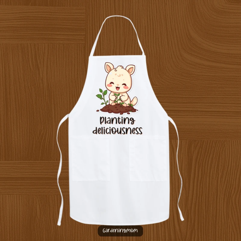 Funny apron featuring a joyful animal character gently planting seeds with a smile, blending practicality with peaceful gardening.