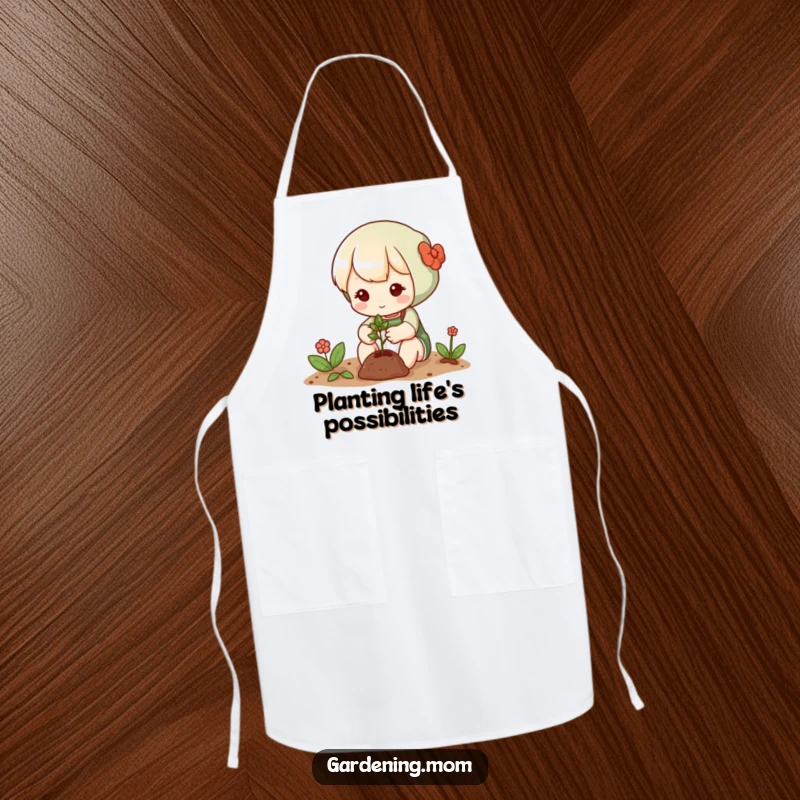 Funny apron decorated with a cute gardening character gently planting a tiny seed, ideal for cooking or gardening tasks.