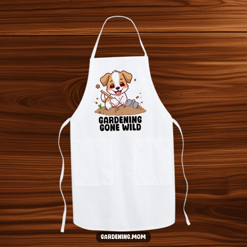 Funny digging dog apron showing an excited dog with a shovel, digging in soil with dirt flying, perfect for gardeners.
