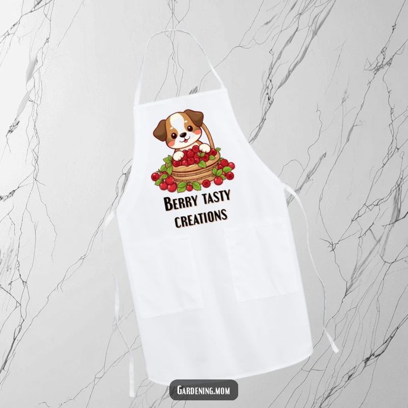 Funny apron with a dog happily harvesting a basket of plump red berries, ideal for a cheerful cooking experience.