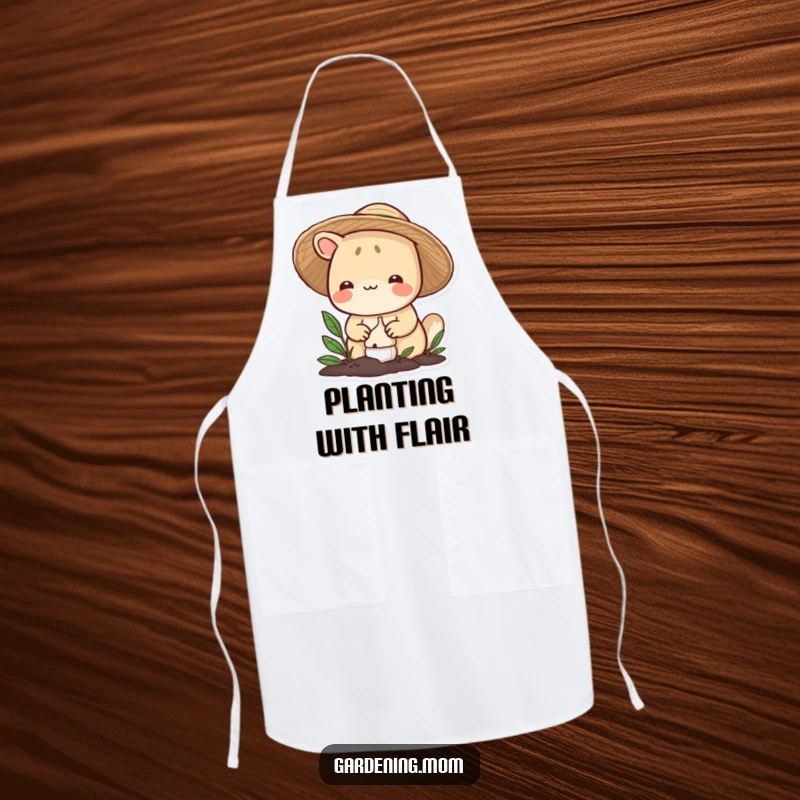 Funny gardening animal apron: a smiling critter in a straw hat carefully plants a bulb, protecting clothes with a dose of gardening humor.