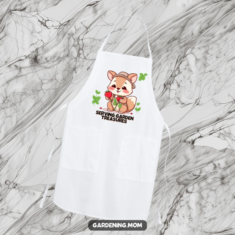 Funny gardening mom animal apron print: an animal mom offering a ripe, freshly picked berry, a symbol of sharing.