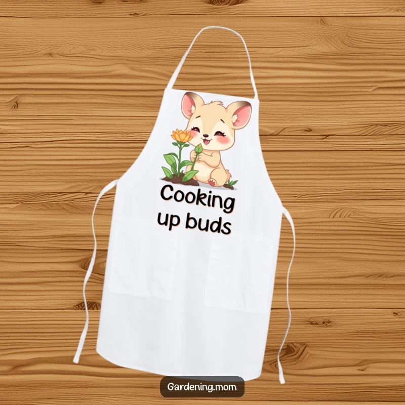 Funny apron depicting an excited gardening mom animal examining a new bud, making kitchen and garden tasks more amusing.