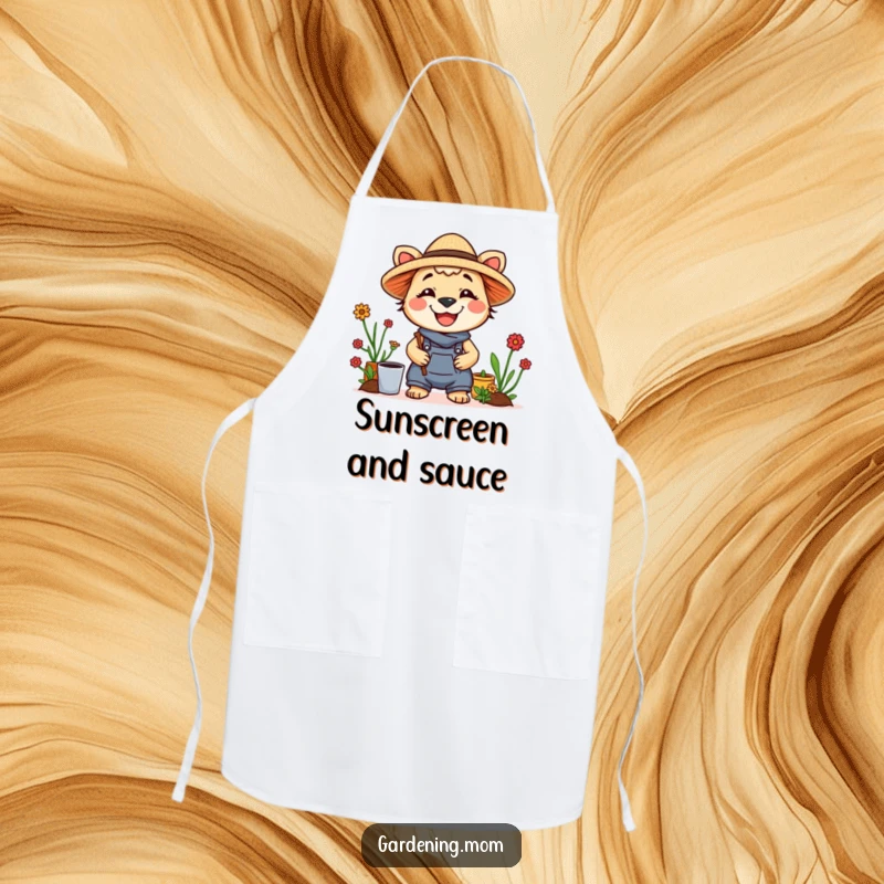 Funny apron depicting a joyful gardening mom animal wearing a straw hat and smiling widely, making tasks more amusing.