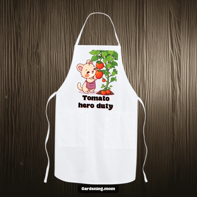 Funny gardening mom animal apron print: an animal mom reaching for a ripe tomato on a vine, ready to pick.
