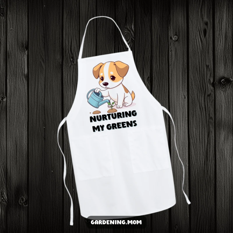 Funny dog watering a sprout, looking hopeful, a practical and humorous kitchen or gardening apron, funny gift.