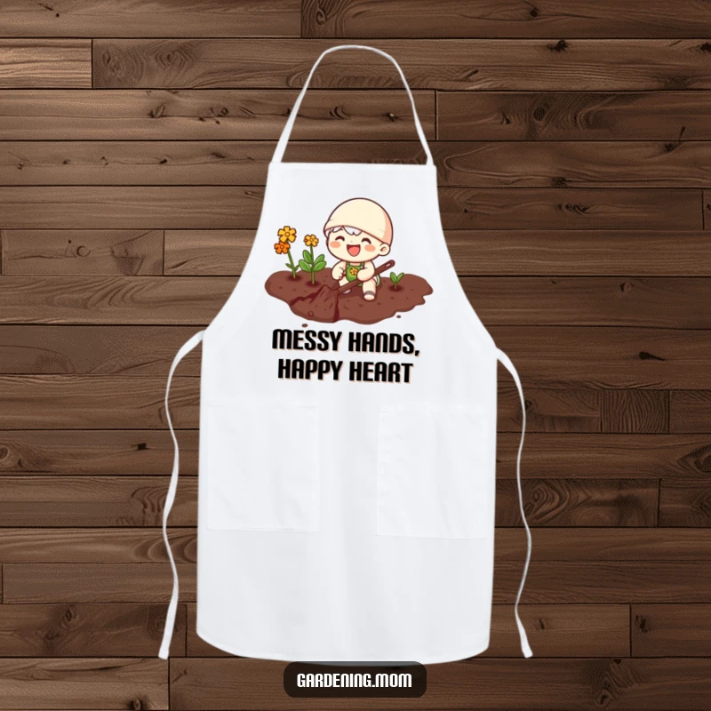 Funny apron with a joyful gardening character happily digging in rich soil, perfect for kitchen or garden tasks.