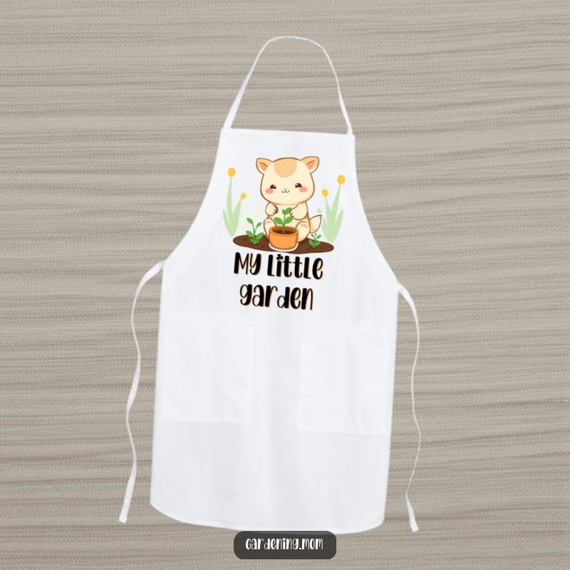 Funny kawaii gardening apron showing a cute animal character watering a sprout, perfect for cooking with charming humor.