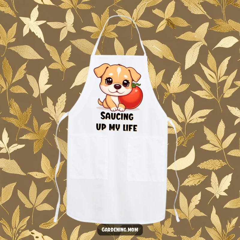 Funny mama dog apron with curious eyes peeking from behind a tomato, ideal for protecting clothes while gardening or cooking.