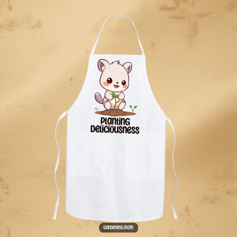 Funny apron showing a delightful gardening animal character planting a seed, perfect for sowing and care.