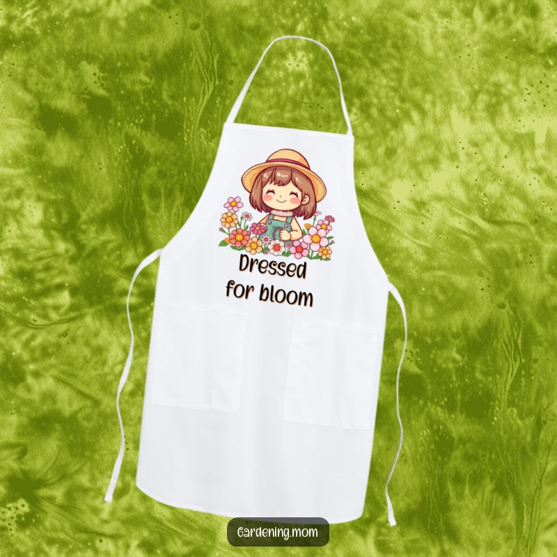 Funny apron with a smiling gardening character in a straw hat, surrounded by blooming flowers, perfect for kitchen or garden tasks.