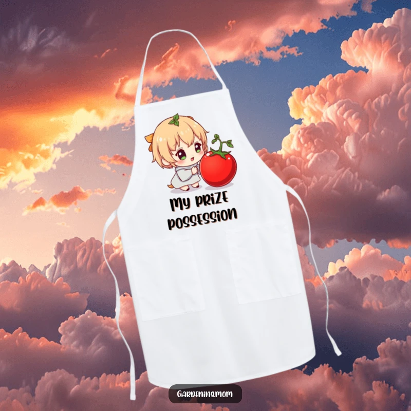 Funny apron showing a character beaming with delight over a plump tomato, perfect for a humorous cooking experience.