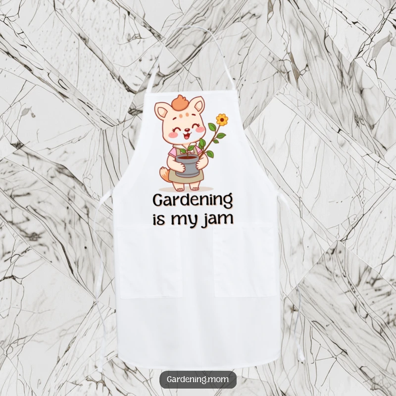 Funny apron showing a cheerful gardening mom animal character holding a potted sprout, ready for messy garden work with a smile.
