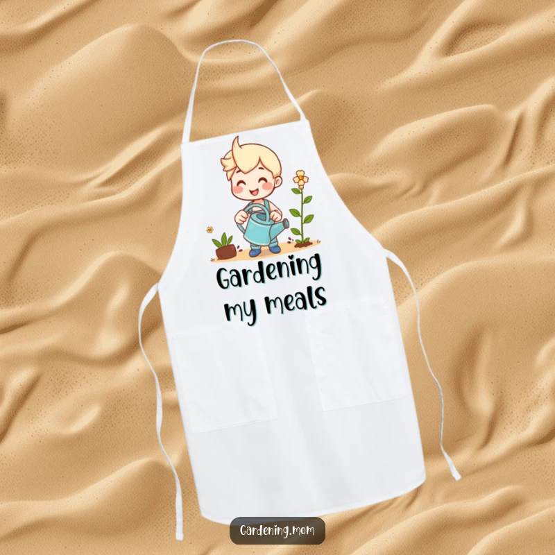 Funny apron illustrated with a happy gardener holding a watering can, smiling at a sprout.