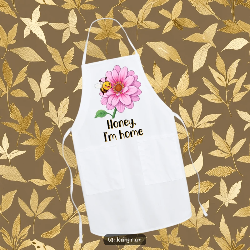 Funny apron featuring a smiling bee buzzing with joy around a large, blooming flower, ideal for kitchen tasks.