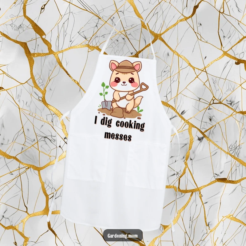 Funny apron showing a delightful gardening animal character happily digging with a small shovel, perfect for messy tasks.