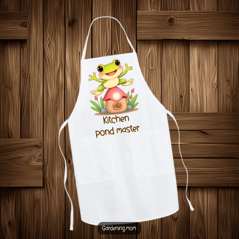 Funny Frog apron depicting a playful frog jumping over a garden gnome, designed for humorous and fun kitchen use.