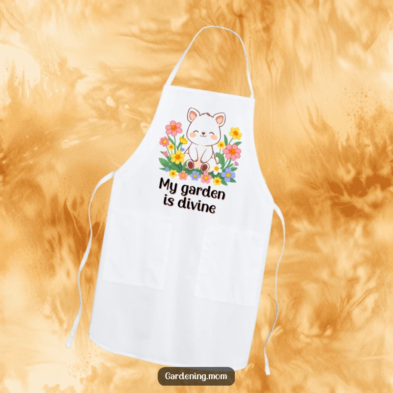Funny contented animal character sitting amongst vibrant flowers with a peaceful smile, on a functional and funny apron.