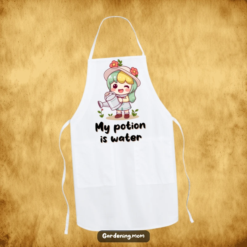 Funny Apron: A kawaii gardening character gleefully holds a watering can, staying clean while working.