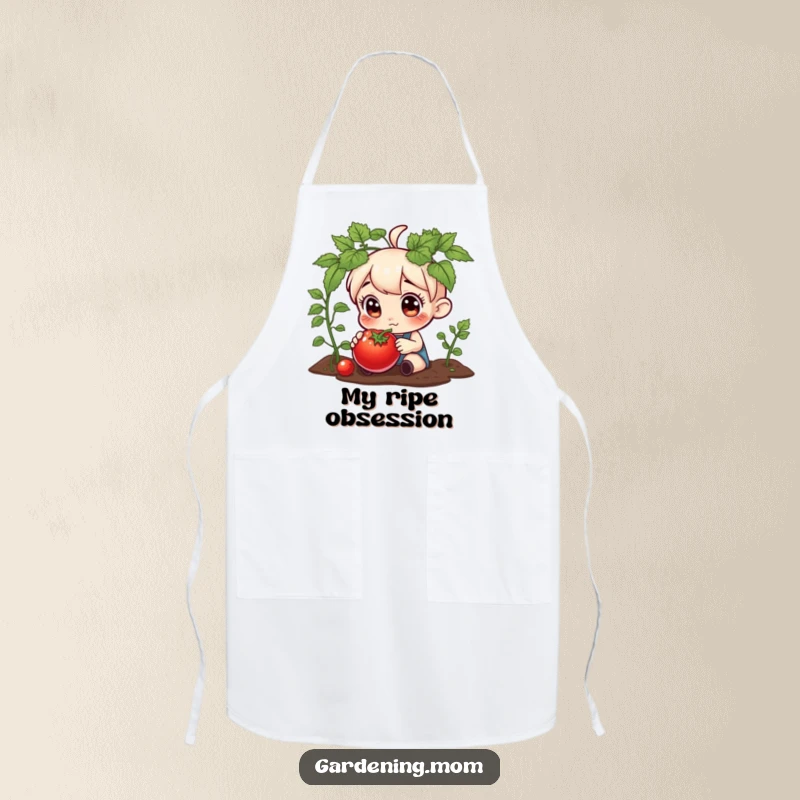 Funny apron with a curious gardening character examining a plump tomato, perfect for kitchen tasks or garden work.
