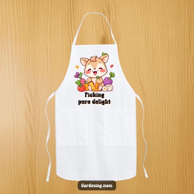 Funny Apron: A giggling animal character gleefully picking colorful vegetables, bringing joy to the kitchen.
