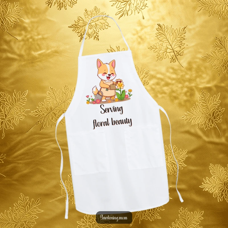 Funny Mama Dog Gardener Apron: A mama dog wearing an apron happily waters a vibrant flower, ready for kitchen messes.