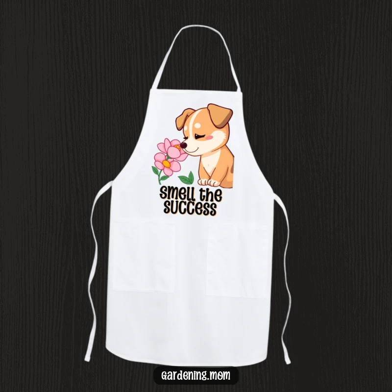 Funny dog admiring a blooming flower with pure delight, a practical and humorous apron for cooking, funny gift.