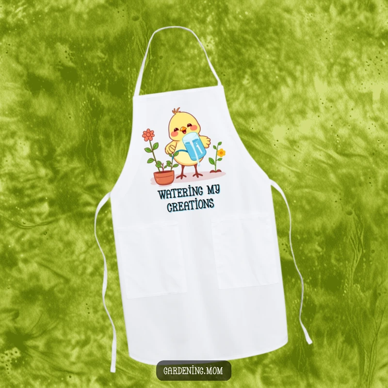 Funny apron with a proud little bird watering plants using water from its beak, ideal for chefs and gardeners.
