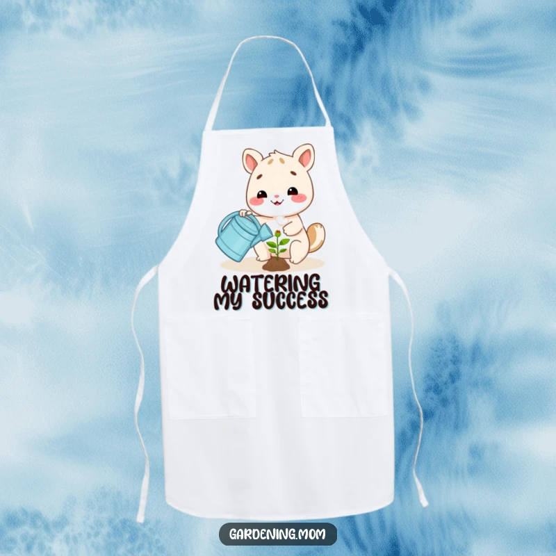 Funny happy animal character watering a small plant with a watering can, on a functional and funny apron for kitchen or garden.