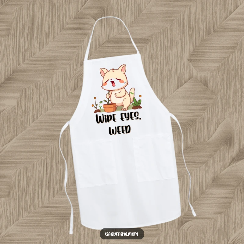 Funny gardening animal yawning but still determinedly weeding, designed to keep you clean with a humorous touch.