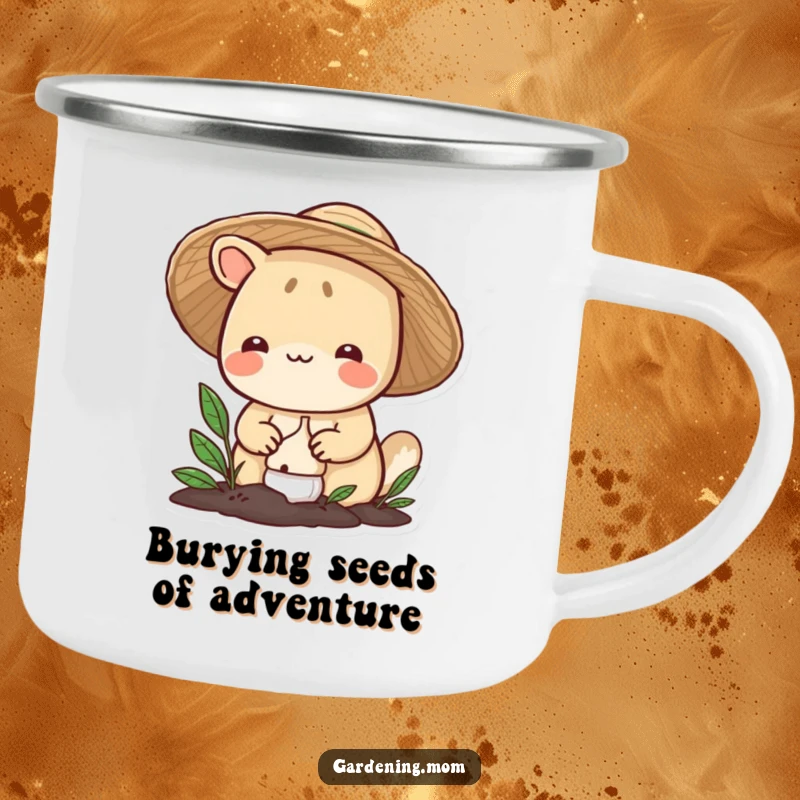 Funny gardening animal camping mug: a smiling critter in a straw hat carefully plants a bulb, ready for outdoor enjoyment and humor.