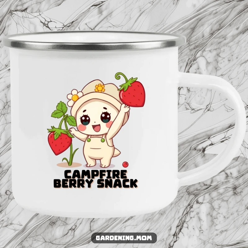 Funny Camping Mug: A cute kawaii gardening character reaching for a ripe strawberry, perfect for the outdoors.