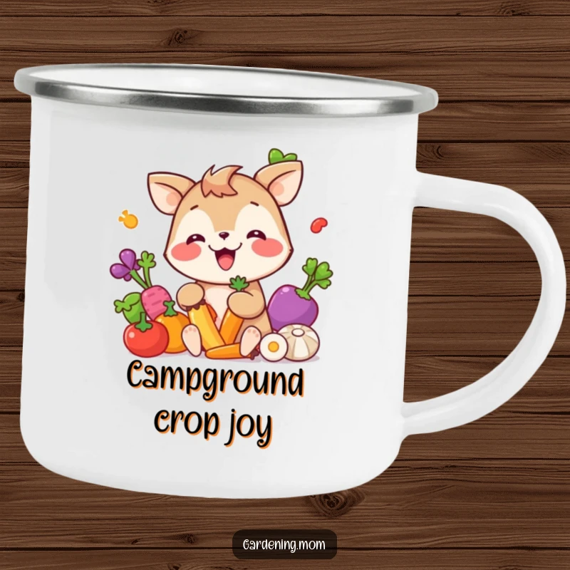 Funny Camping Mug: A giggling animal character gleefully picking colorful vegetables, perfect for outdoor eating.