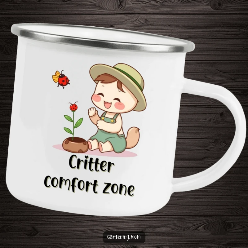 Funny gardening mom animal camping mug art: an animal mom giggling while gently petting a ladybug, a charming nature interaction.