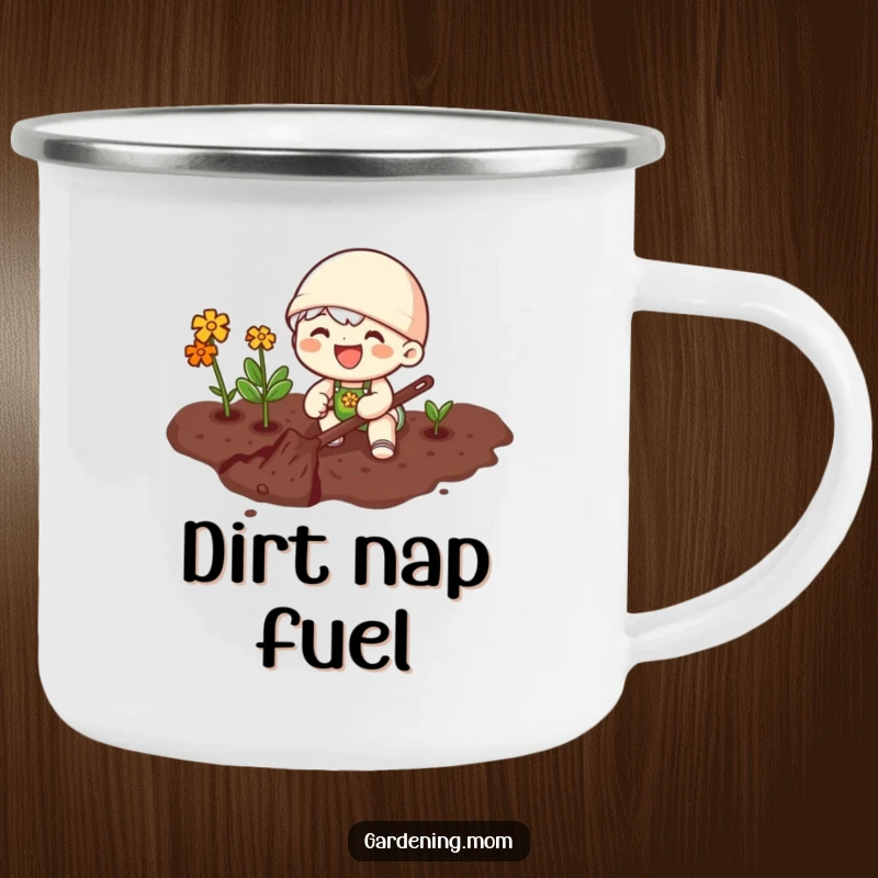 Funny camping mug with a joyful gardening character happily digging in rich soil, perfect for enjoying drinks outdoors.