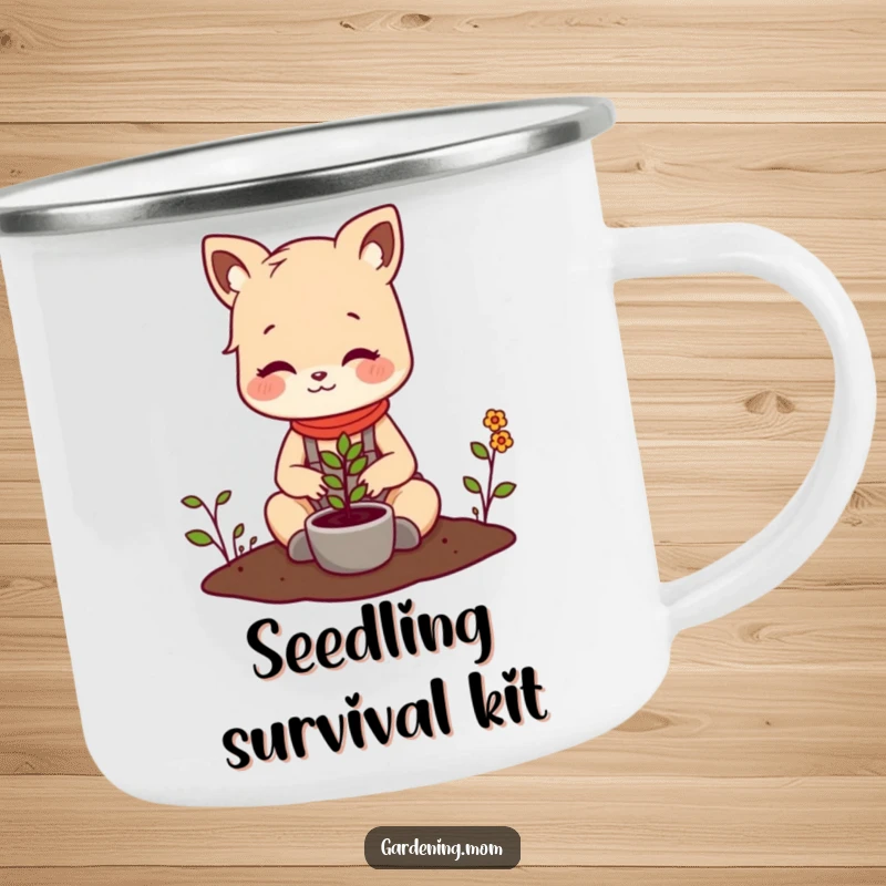 Funny camping mug featuring a happy gardening mom animal planting a seedling, ideal for outdoor enthusiasts who love plants and humor.