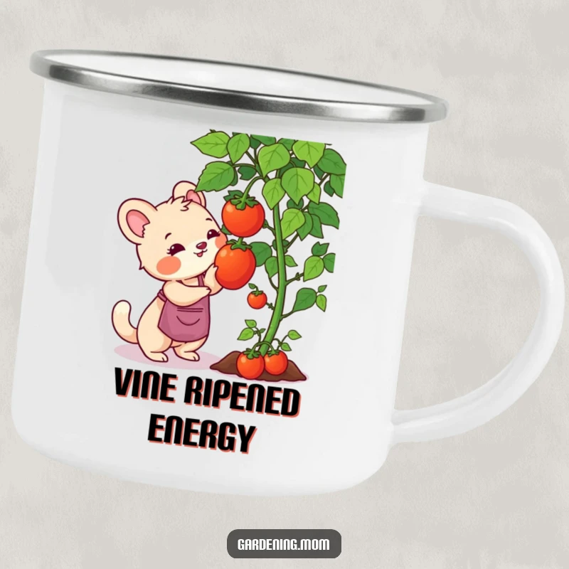 Funny gardening mom animal camping mug art: an animal mom reaching for a ripe tomato on the vine, celebrating the harvest.