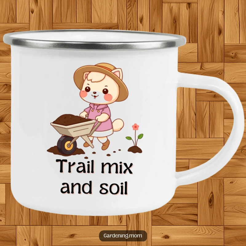 Funny gardening mom animal camping mug art: an animal mom pushing a small wheelbarrow filled with soil, ready for the outdoors.