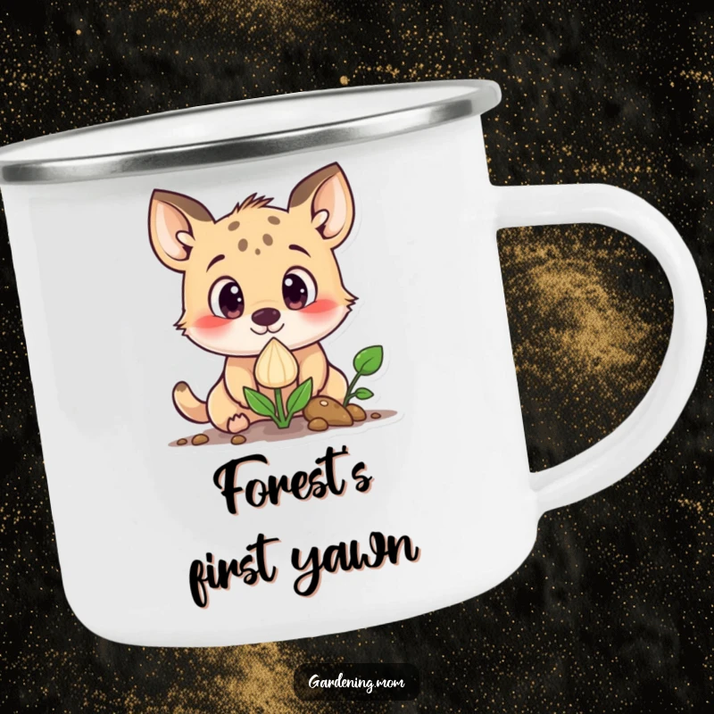 Funny curious animal character with wide eyes looking at a sprouting seed, on a durable camping mug for outdoor use.
