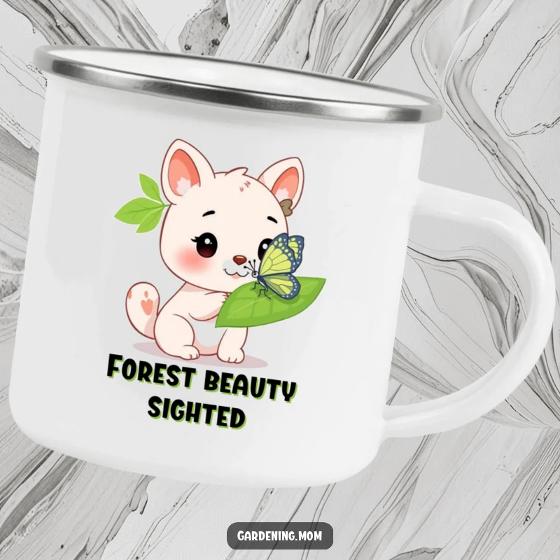 Funny Camping Mug: An animal character admiring a bright butterfly on a leaf, bringing peaceful vibes outdoors.