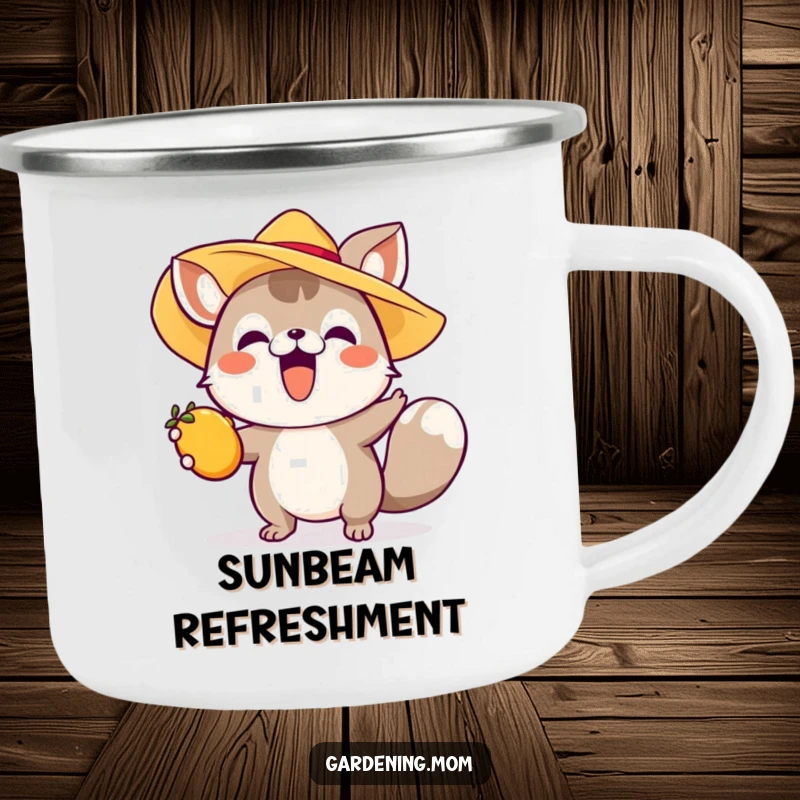 Funny camping mug with an excited animal wearing a sun hat reaching for fruit, ideal for outdoor enthusiasts who love summer.