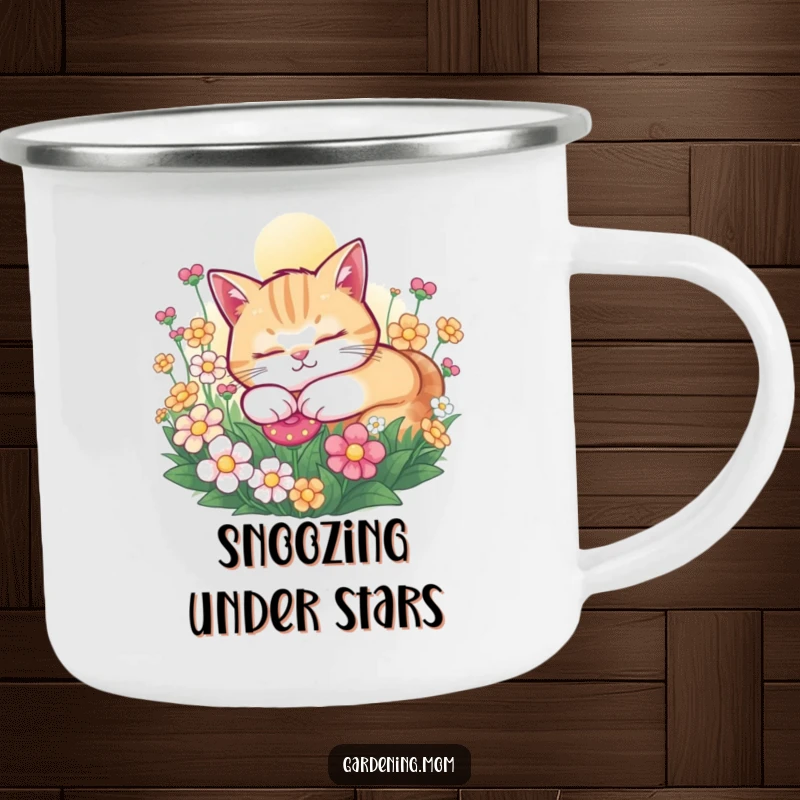 Funny Cat camping mug featuring a contented cat snoozing peacefully in a sunny flower bed, perfect for enjoying drinks outdoors.