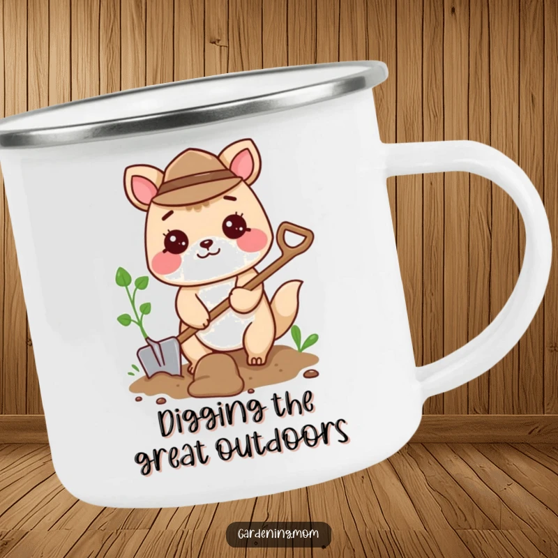 Funny camping mug showcasing a happy gardening animal character digging with a small shovel, ideal for outdoor activities.
