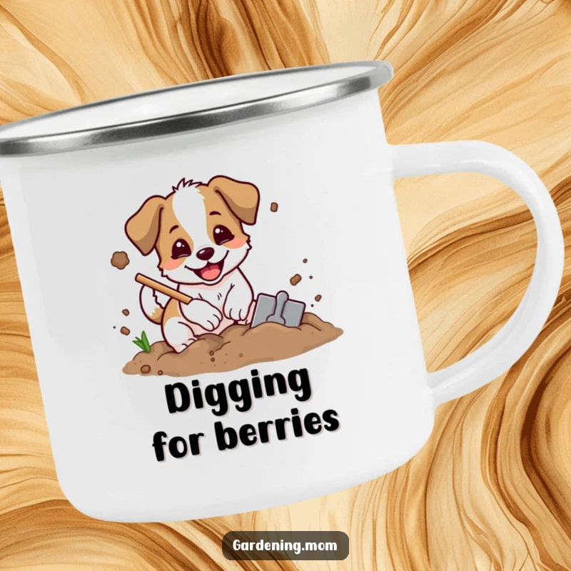 Funny digging dog camping mug featuring an excited dog with a shovel, digging in soil with dirt flying, perfect for outdoors.