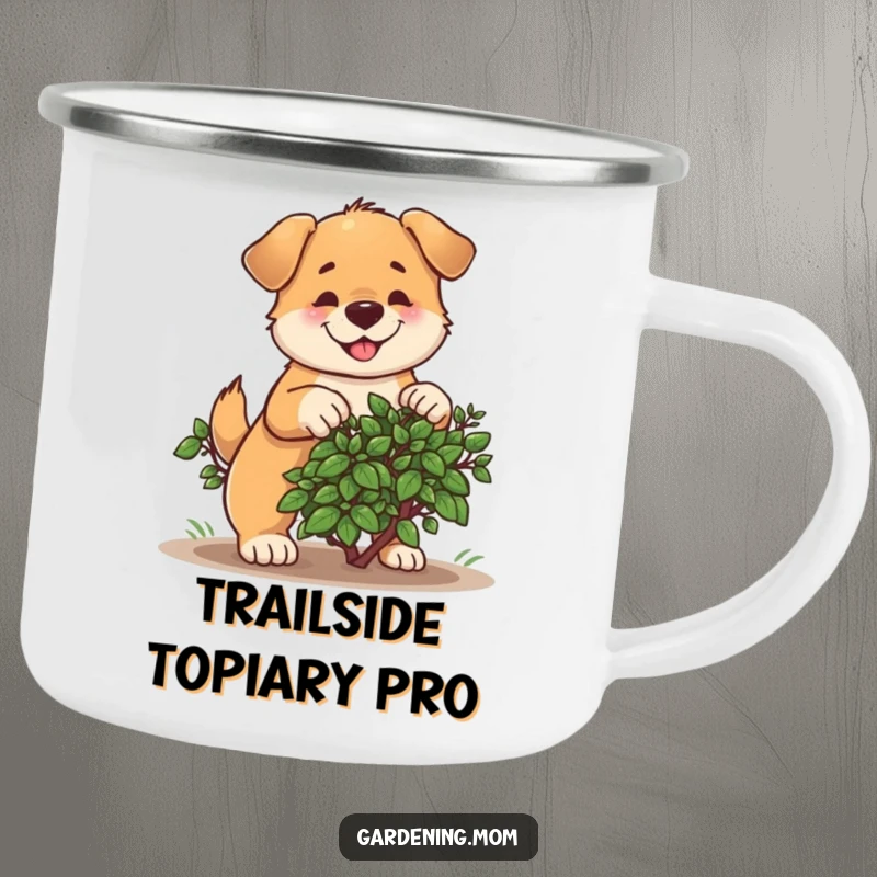 Funny camping mug featuring a determined dog cheerfully pruning a bush, ready for outdoor adventures and laughs.