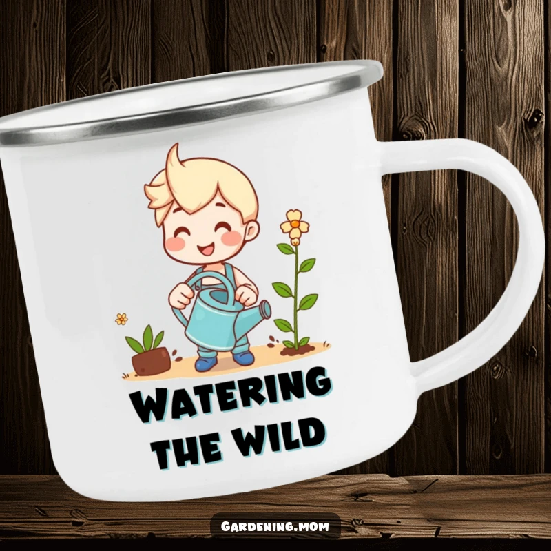 Funny camping mug featuring a smiling gardener watering a small sprout.