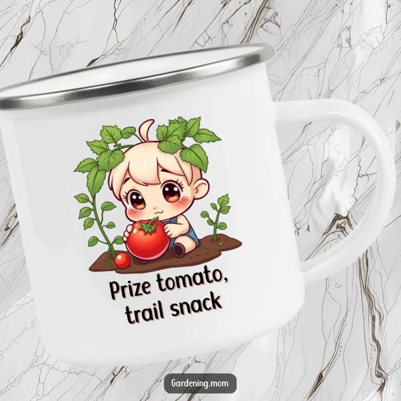 Funny camping mug with a curious gardening character examining a plump tomato, great for enjoying drinks in the great outdoors.